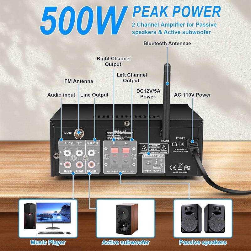 Romicta Romica Stereo Audio Amplifier, 2 Channel 500W Bluetooth 5.0 Home Theater Power Amplifier with FM, Echo, AUX, USB, SD, MIC Inputs, HiFi AMP for Passive Speakers and Active subwoofer - Image 3